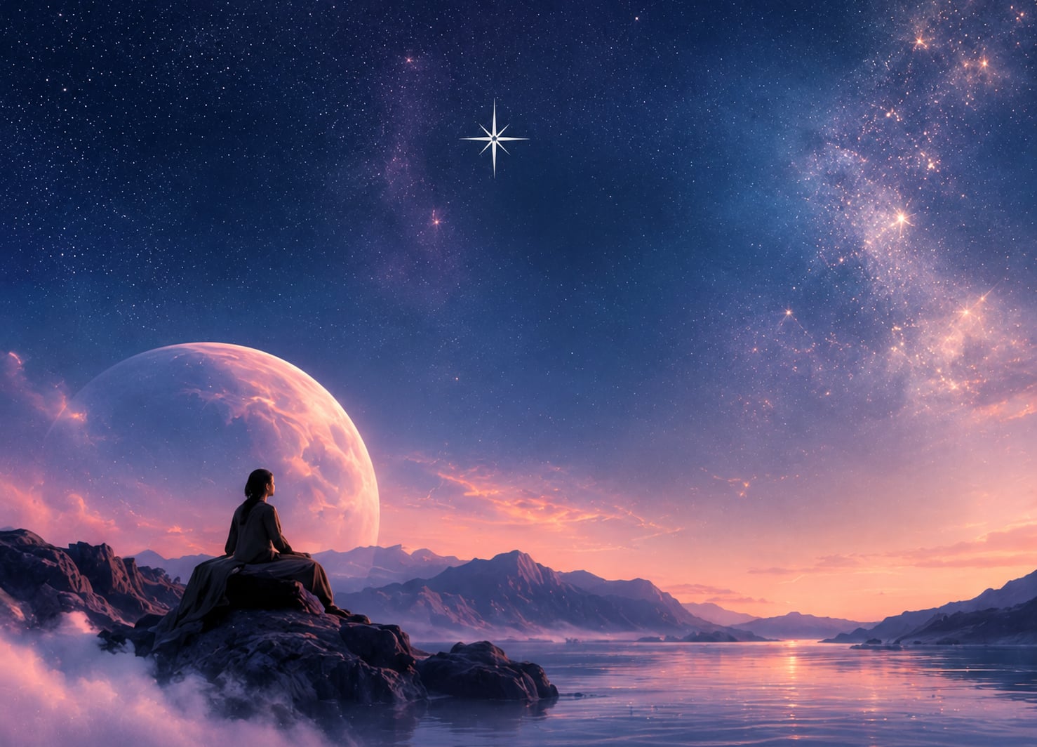 A starry night sky over a still mountain lake